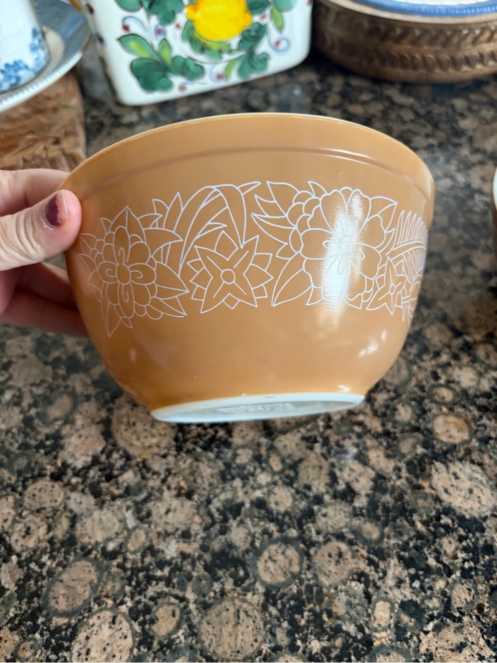 Pyrex Amber Bowl with White Floral Band